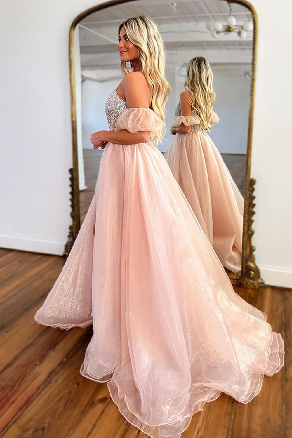 Roycebridal Brianna | A-Linien-Ballkleid aus trägerlosem Organza in Rosa mit Korsett