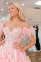 PRINCESS A-LINE OFF THE SHOULDER LACE TULLE PROM DRESS