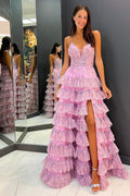 Roycebridal Lena | A-Linien-Ballkleid aus bedrucktem Tüll mit Spaghettiträgern und Rüschen