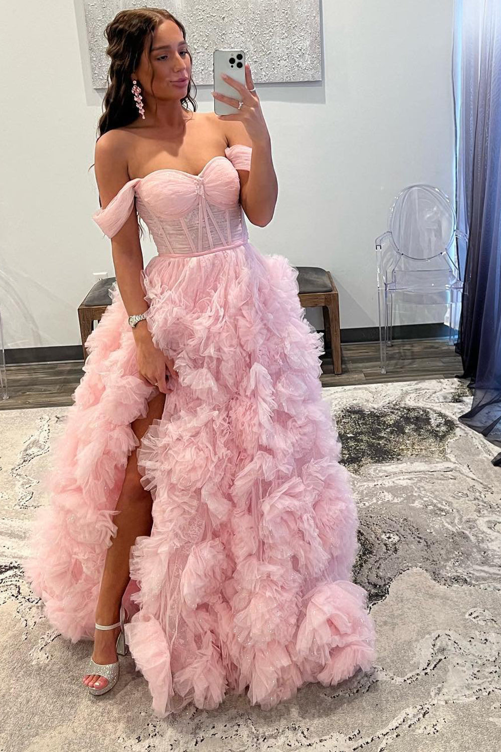 Roycebridal Kenia | Abito da sera in tulle a linea ad A con spalle scoperte e balze, con spacco