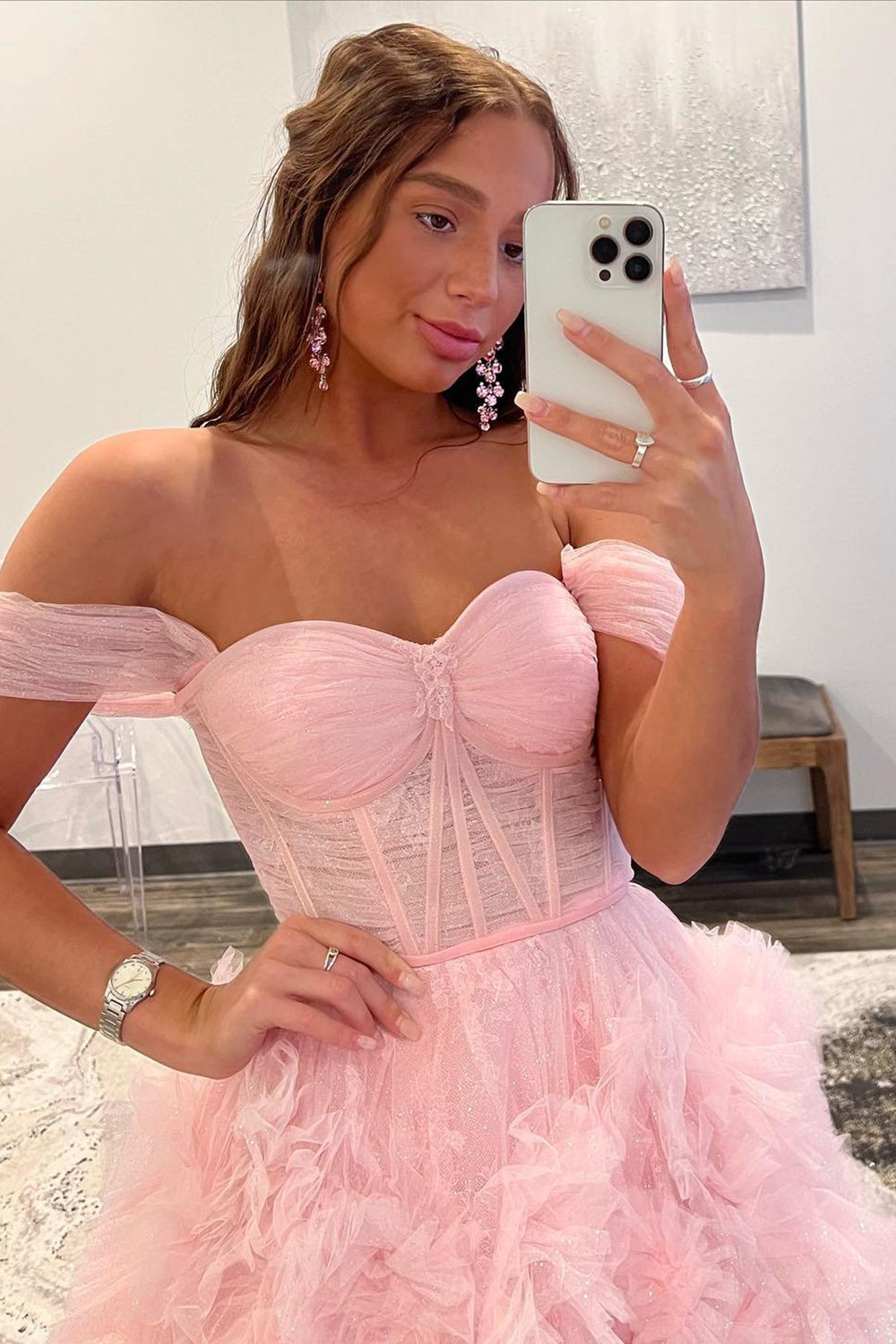 Roycebridal Kenia | Abito da sera in tulle a linea ad A con spalle scoperte e balze, con spacco