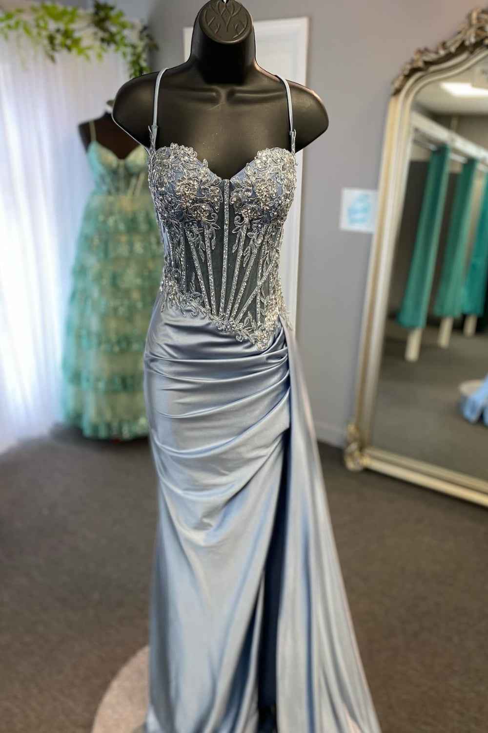 Trendy Mermaid Spaghetti Straps Silver Corset Prom Dress with Appliques