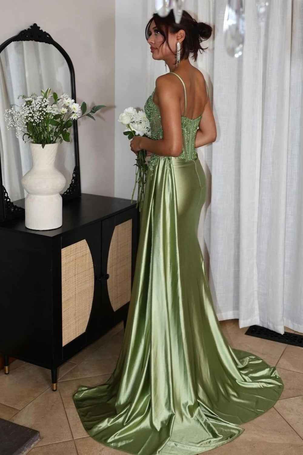 Trendy Mermaid Spaghetti Straps Silver Corset Prom Dress with Appliques