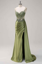 Trendy Mermaid Spaghetti Straps Silver Corset Prom Dress with Appliques