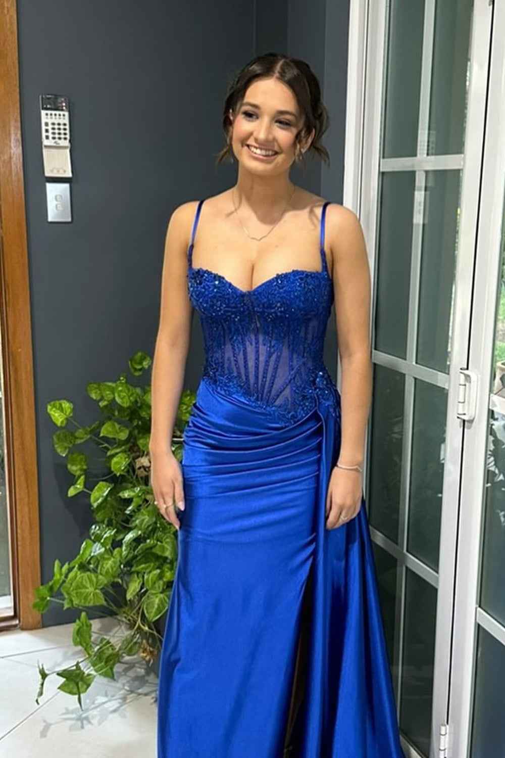 Trendy Mermaid Spaghetti Straps Silver Corset Prom Dress with Appliques