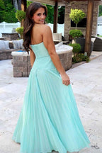 Fuchsia Strapless A Line Sweetheart Keyhole Long Pleated Prom Dress with Slit