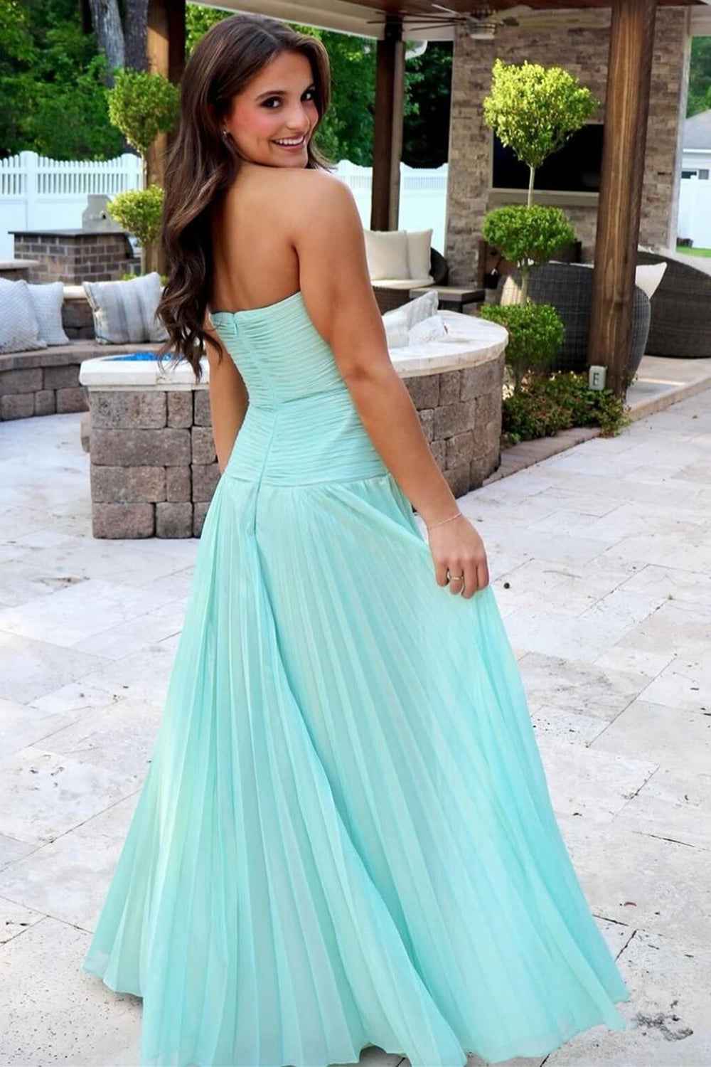 Fuchsia Strapless A Line Sweetheart Keyhole Long Pleated Prom Dress with Slit