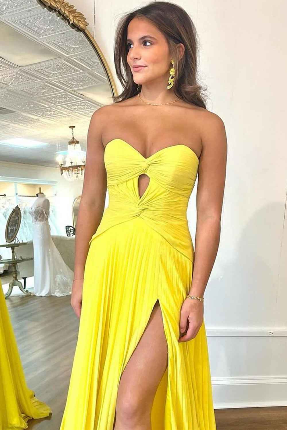 Fuchsia Strapless A Line Sweetheart Keyhole Long Pleated Prom Dress with Slit