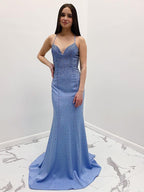 Abito lungo da sera blu sirena con scollo a V