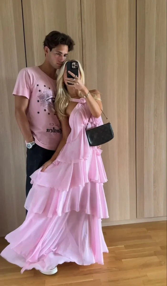 Vestido de baile cor-de-rosa para mulher, em linha A com folhos, vestido de noite cor-de-rosa sem costas Y4532