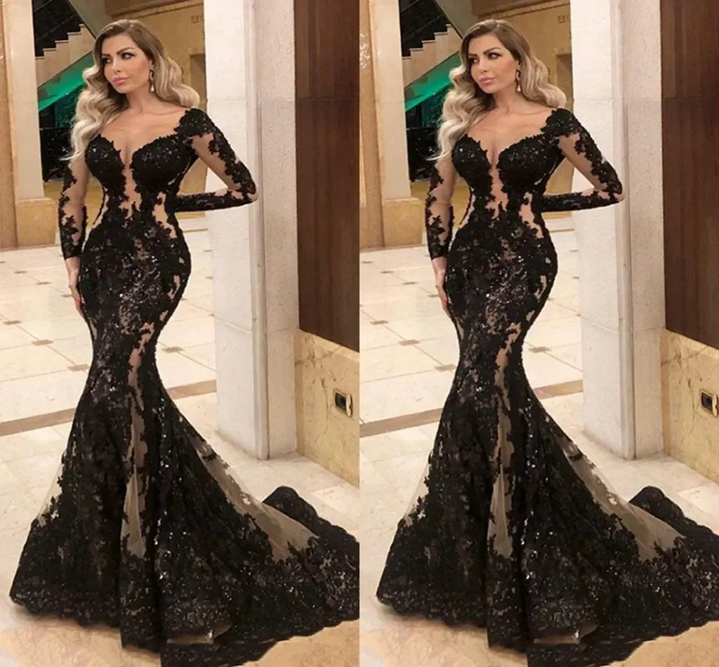 vestidos modestos negros de fiesta con mangas largas, aplicaciones de encaje, vestido de noche elegante, vestidos formales S11019