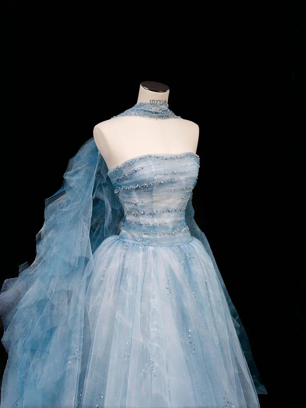 Vestido de baile longo azul sonho em tule com contas, corte em linha A, vestido de noite longo Y8691