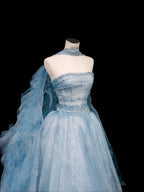 Vestido de baile longo azul sonho em tule com contas, corte em linha A, vestido de noite longo Y8691