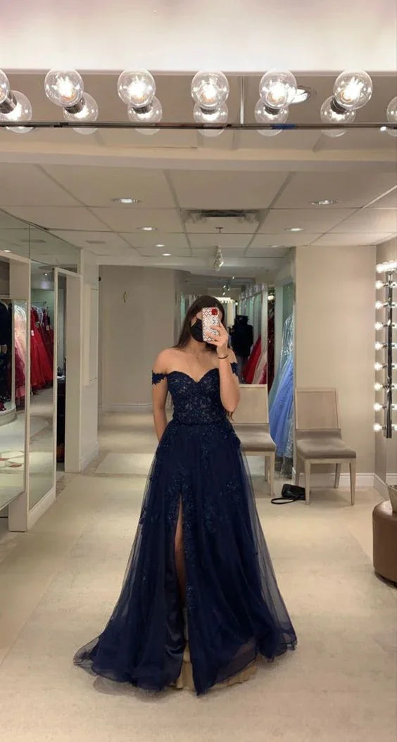 Vestido de noite azul-marinho com ombros descobertos e racha Vestido de formatura azul-marinho Y6781