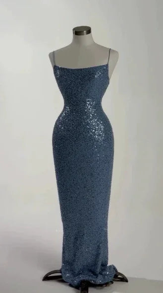 فستان سهرة طويل رسمي مزين بالترتر الأزرق الجميل Y8512
