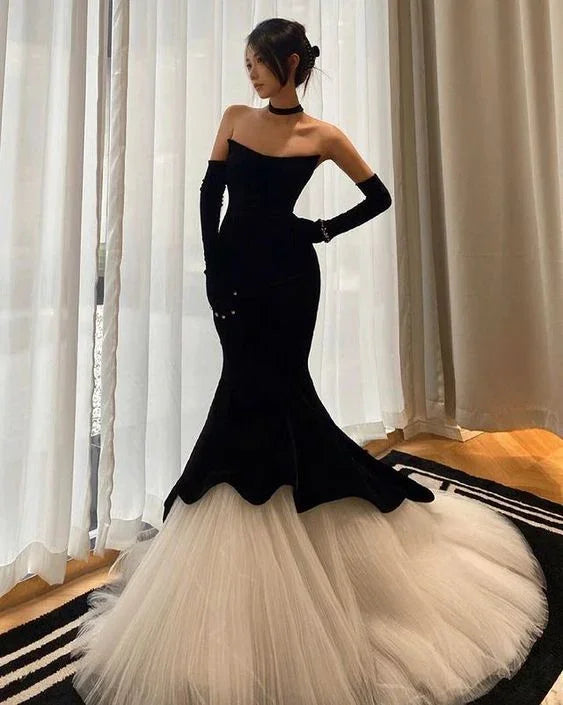 Black Mermaid Velvet Tulle Long Prom Dress Evening Dress Y4678