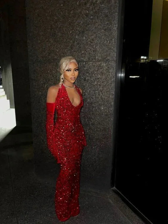 Black Girl Sexy Halter Sequin Red Prom Dress Long Mermaid Evening Dress Y7822