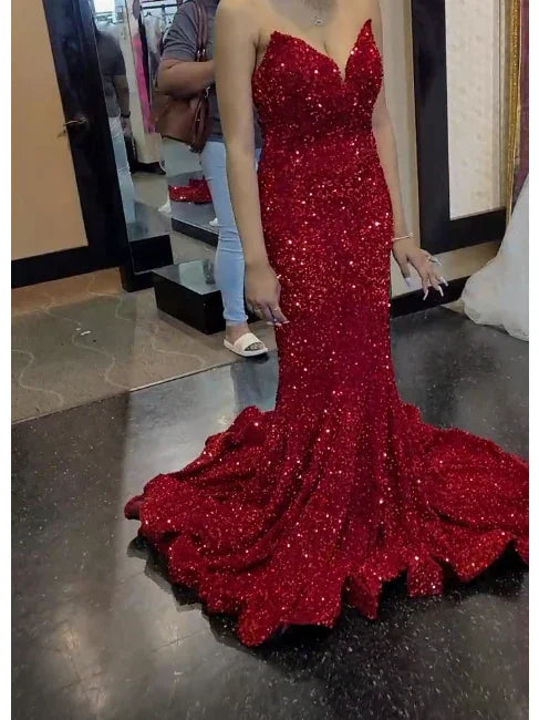 Robe de bal sirène chérie rouge à sequins robe de soirée brillante robe de fête Y274
