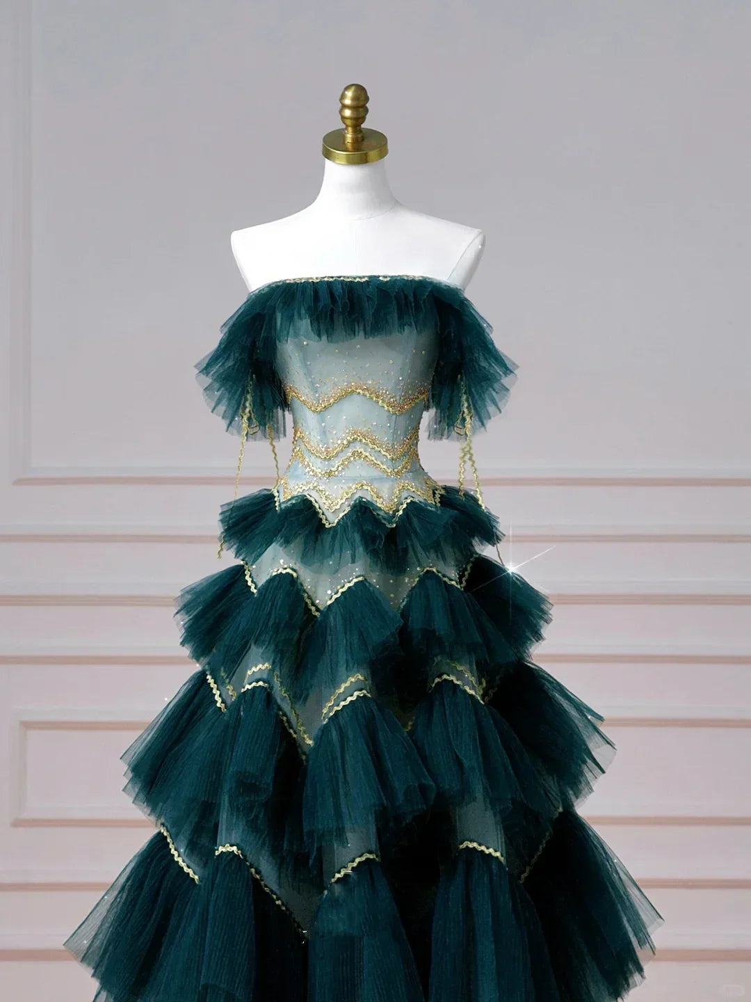 Vestido de Festa Vintage Verde Escuro em Tule com Lantejoulas em Camadas, Corte em A, Sem Alças Y8606