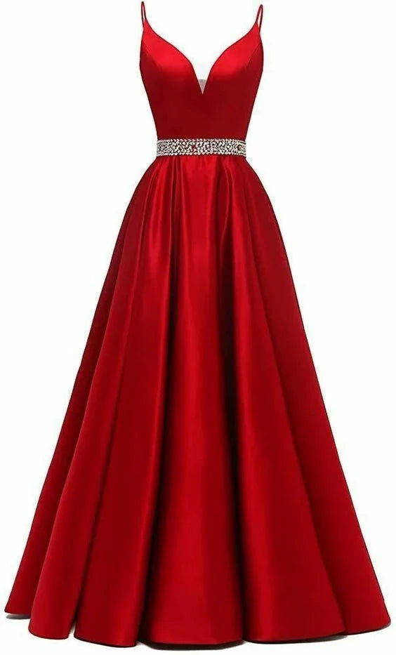 Vestido Longo de Noite para Mulher Sexy com Alças Finas Ilusão Decote em V Cetim Vestido de Festa Formal para Baile Y6164