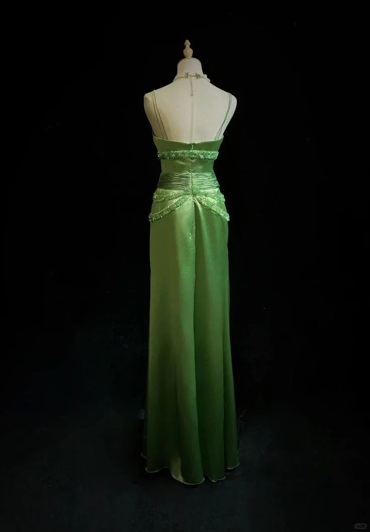 Chic Green Spaghetti Straps Satin Beaded Prom Dress Evening Dress Y8555