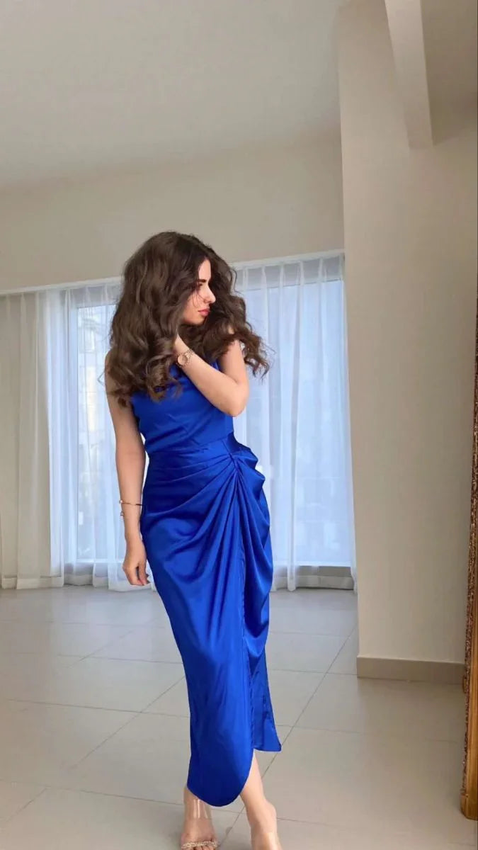 Vestido Formal de Noche para Mujer Sirena, Largo hasta el Té, Vestido de Fiesta de Gala Azul Plisado, Vestidos de Boda para Fiesta Y4896