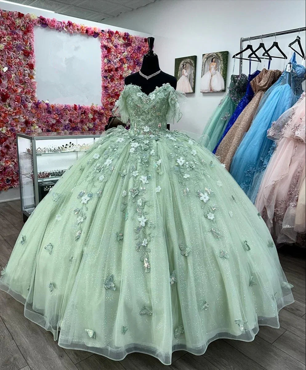 Vestidos Verde-Sálvia para Quinceanera com Flores 3D Vestido de Baile Doce 15 Anos Y2614