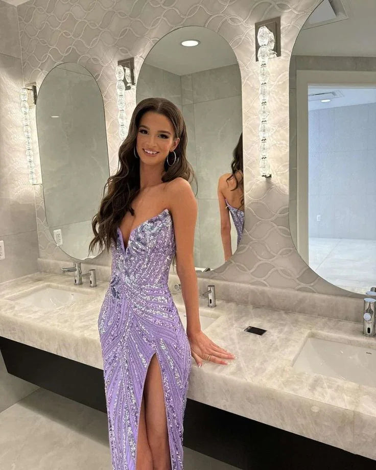 Vestido largo de noche de fiesta con abertura, corte recto y escote en V de lavanda Y7898