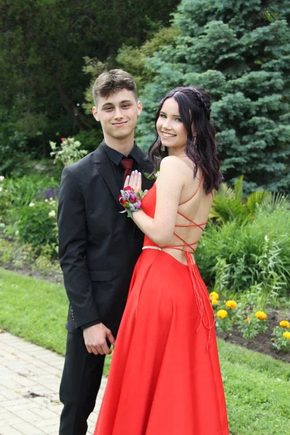 Vestido de Baile Simples Vermelho em Linha A com Costas Atadas Vestido de Noite Y6547
