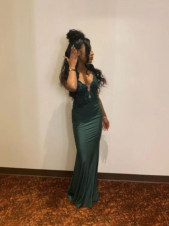 Vestido de Noite Verde com Decote em V e Cauda de Sereia Vestido de Gala Verde Y6288