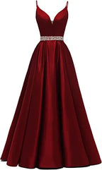 A-line Spaghetti Straps V Neck Prom Dress,Burgundy Satin Evening Dress Y1272