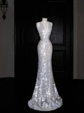 Vestido de Festa Prateado com Lantejoulas, Decote em V, Costas Descobertas, Estilo Sereia Y8680