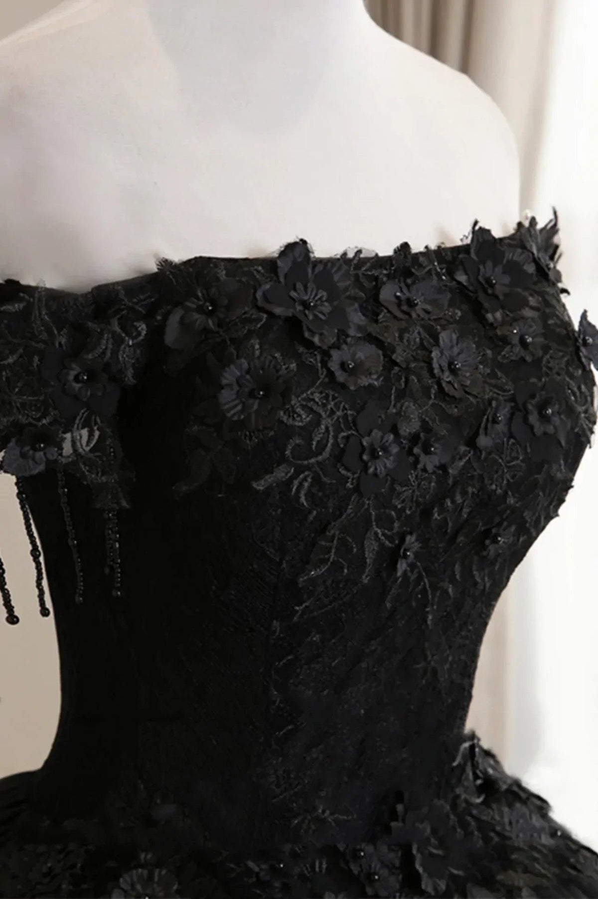 Black Off Shoulder Tulle Ball Gown With Lace Sweet 16 Dress, Black Long Evening Dress Y1143