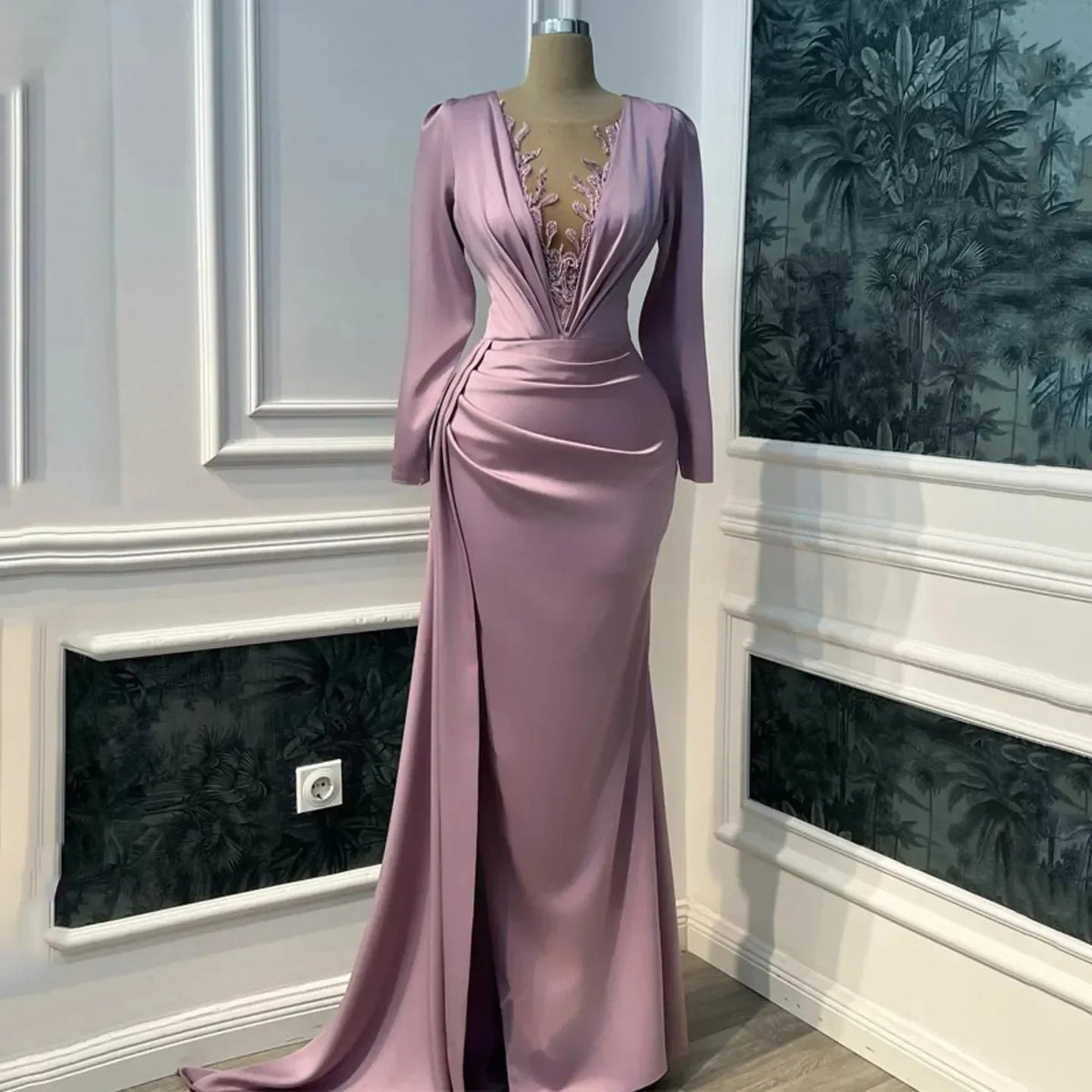 فستان سهرة بنفسجي قديم بأكمام طويلة وياقة على شكل حرف V بتصميم حورية البحر بطول الأرض Y6647