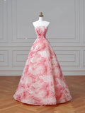 Dream Pink Strapless Satin Print Sequins Prom Dress Princess Birthday Ball Gown Y8604