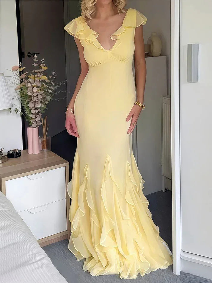Vestido de noite longo amarelo elegante em chiffon com folhos e corte sereia Y8073