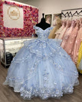 Vestido de Baile de Anos Quinceanera Gorgeous Blue Off The Shoulder com Aplicações de Tule Y7835