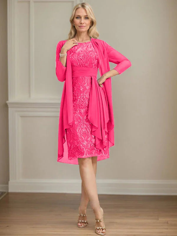 Etui/Säulenförmiges Kleid mit Illusion, knielang, aus Spitze und Chiffon, Brautmutterkleid mit herabfließenden Rüschen und Pailletten