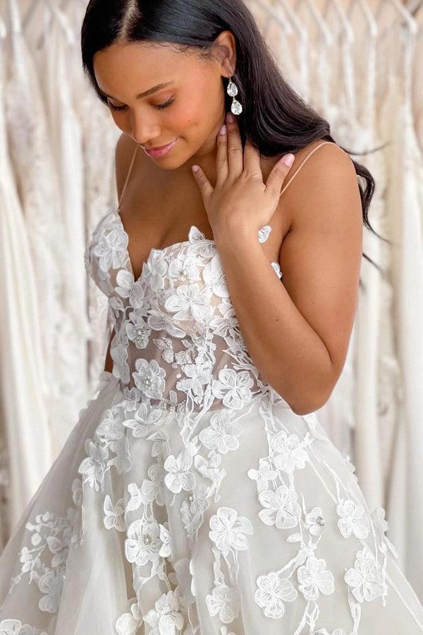 Vestidos de Noiva com Decote Coração Boémio em Renda 3D