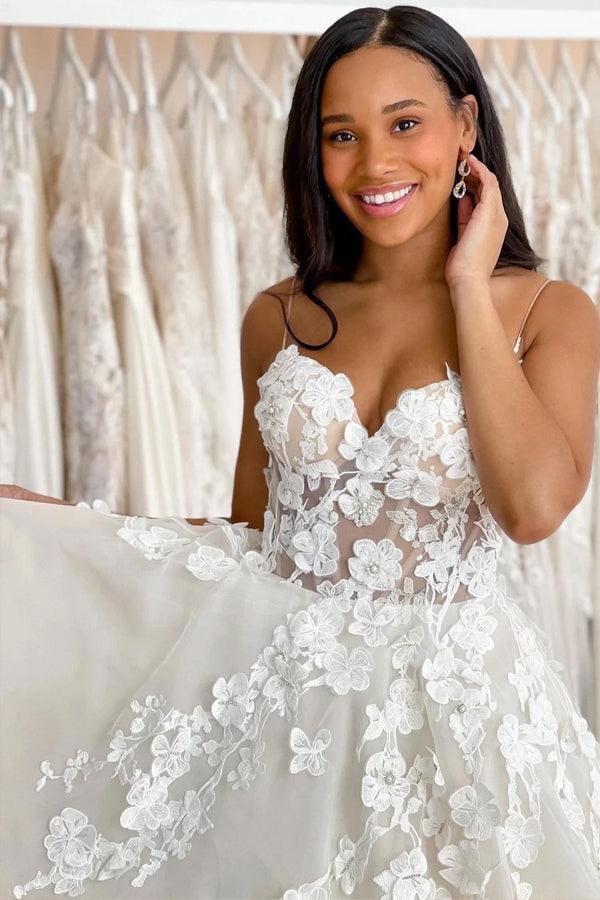 Vestidos de Noiva com Decote Coração Boémio em Renda 3D