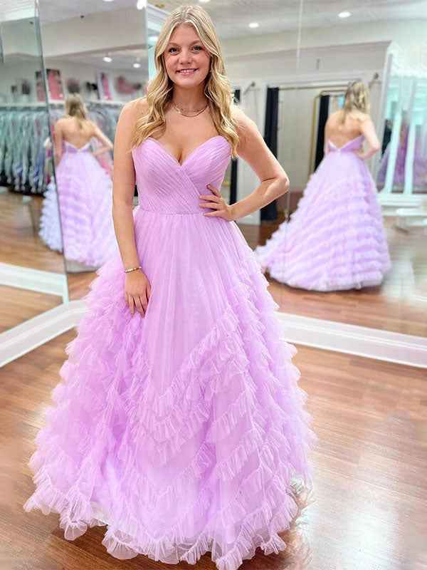 Strapless Ruffled Tulle Long Prom Dress Ball Gown Pastel Lavender