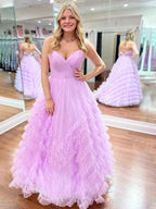 Strapless Ruffled Tulle Long Prom Dress Ball Gown Pastel Lavender