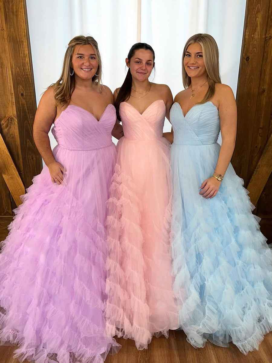 Strapless Ruffled Tulle Long Prom Dress Ball Gown Pastel Lavender