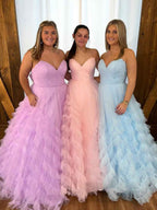 Strapless Ruffled Tulle Long Prom Dress Ball Gown Pastel Lavender
