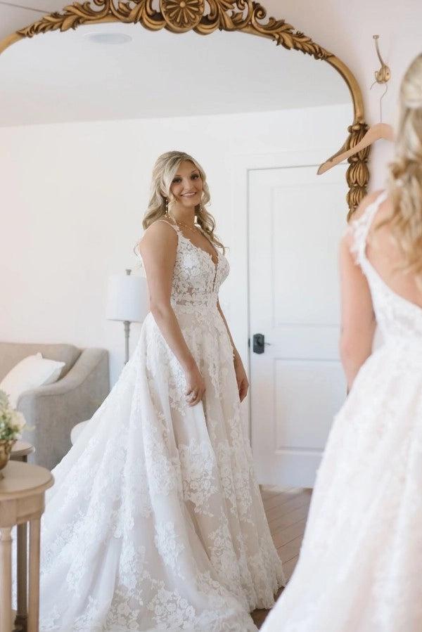 White 3D Floral Lace A Line Wedding Dress With Open Back Cathedral Train