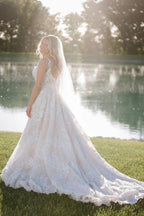 White 3D Floral Lace A Line Wedding Dress With Open Back Cathedral Train