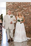 White 3D Floral Lace A Line Wedding Dress With Open Back Cathedral Train