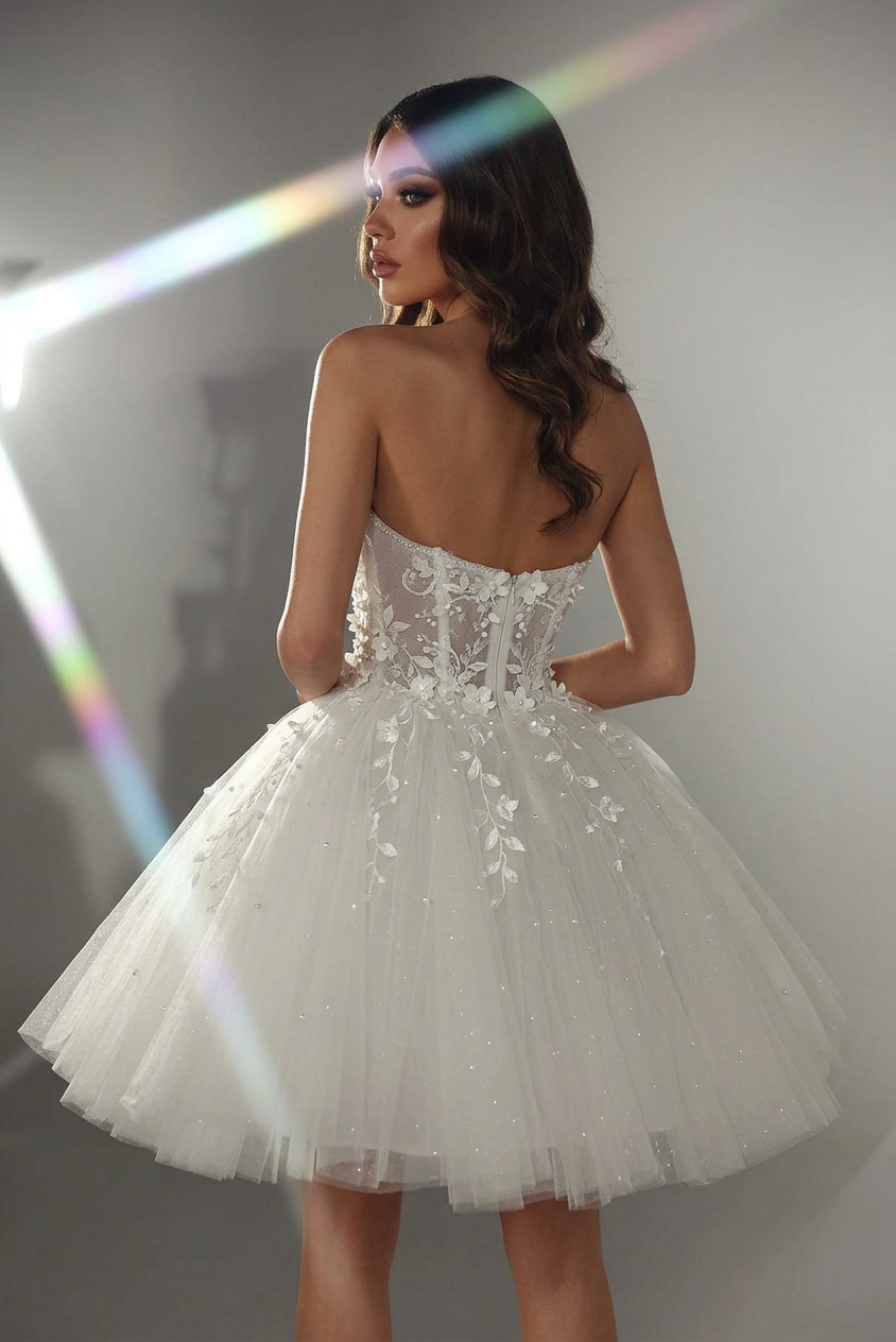 Vestido de noiva com espartilho de renda floral 3D branco curto sem alças com glitter e tule