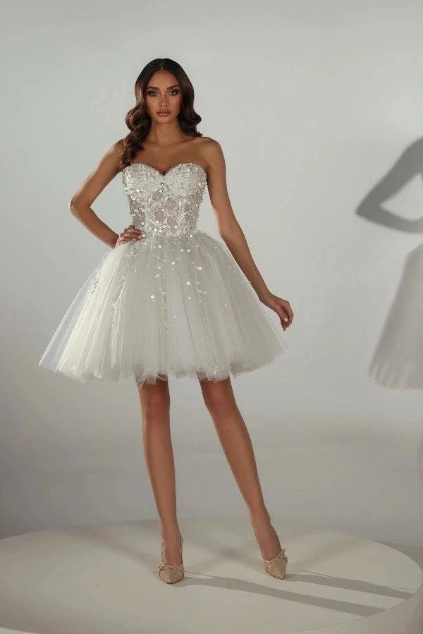 Vestido de noiva com espartilho de renda floral 3D branco curto sem alças com glitter e tule