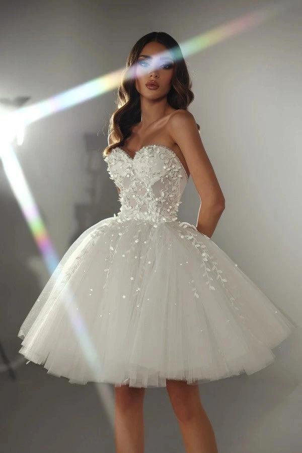 Vestido de noiva com espartilho de renda floral 3D branco curto sem alças com glitter e tule